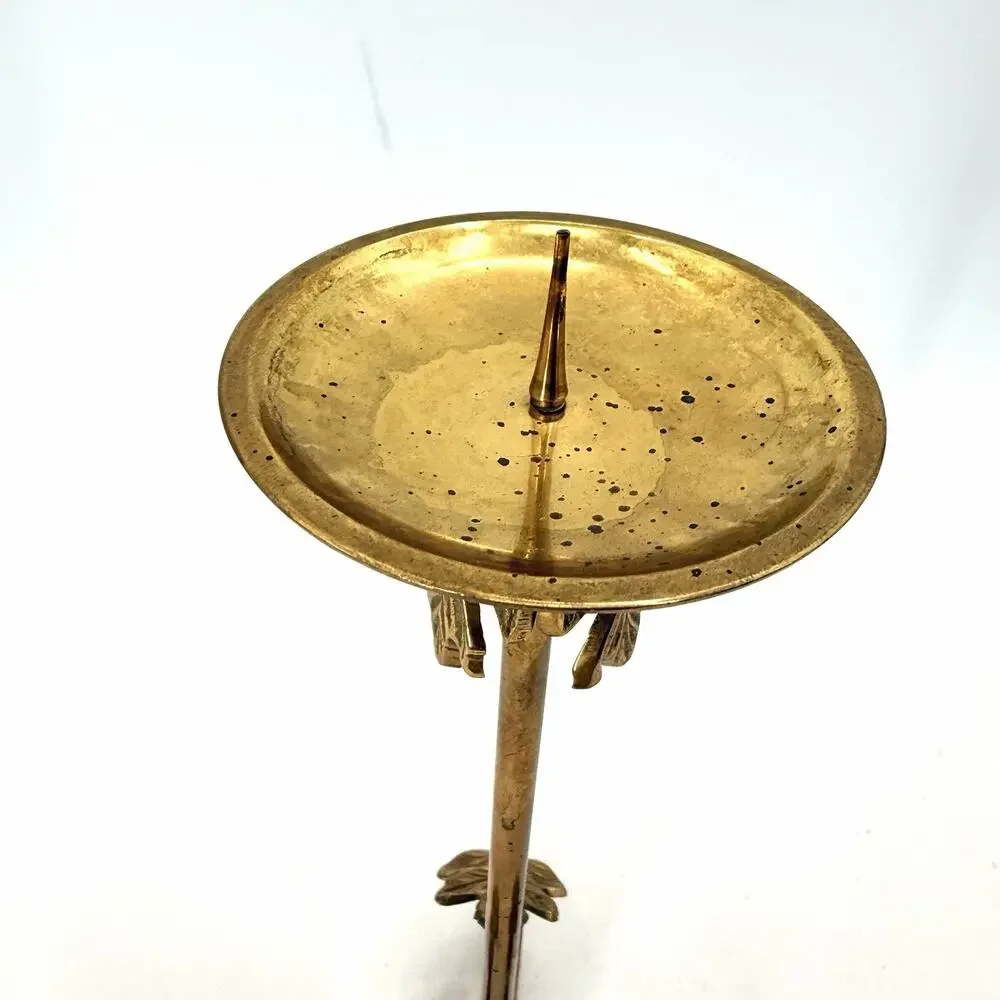 Vintage Tall Brass Pillar Candle Holder Leaf Design with Character